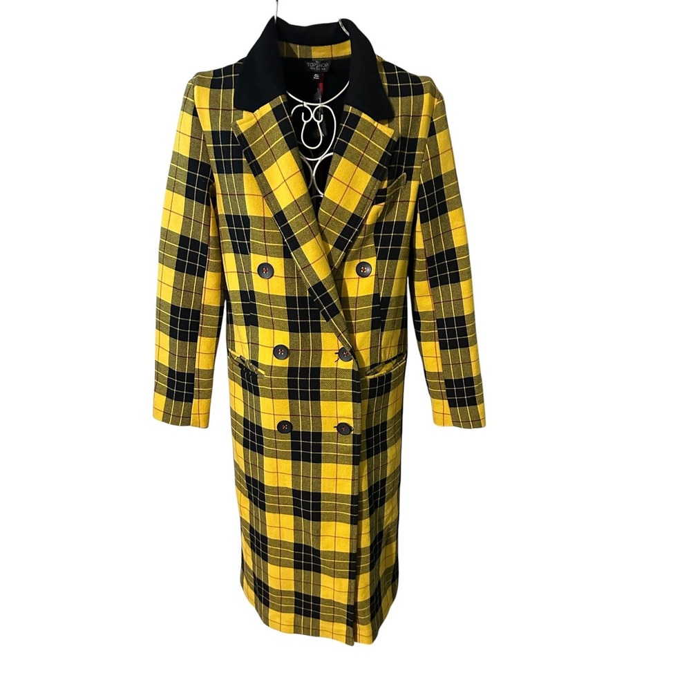 NWT Topshop Tall Yellow Black Tartan Plaid Double Breasted Longline Coat US 4